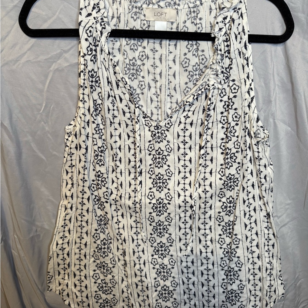 LOFT Navy and Cream Patterned Tank Top with ruffle neck